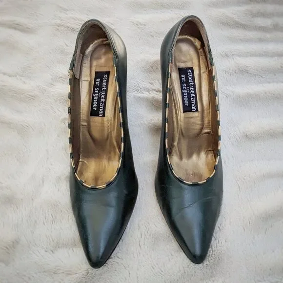 VINTAGE 80s STUART WEITZMAN for Mr. Seymour Forest Green Gold Chain Pumps Sz. 11 - Picture 9 of 12